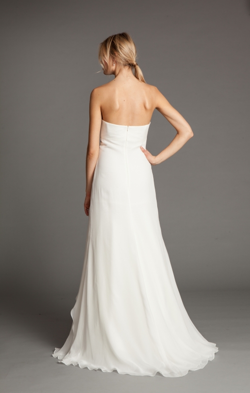 Jenny Yoo - 2014 Bridal Collection - Viola Wedding Dress - Strapless bodice with a sweetheart neckline. The column floor length skirt has a slight flare and features draped layers of chiffon with a split front overlay. The dress has center front streamers along with a detachable flower pin at the bodice that can be used to create various necklines. </p>

<p