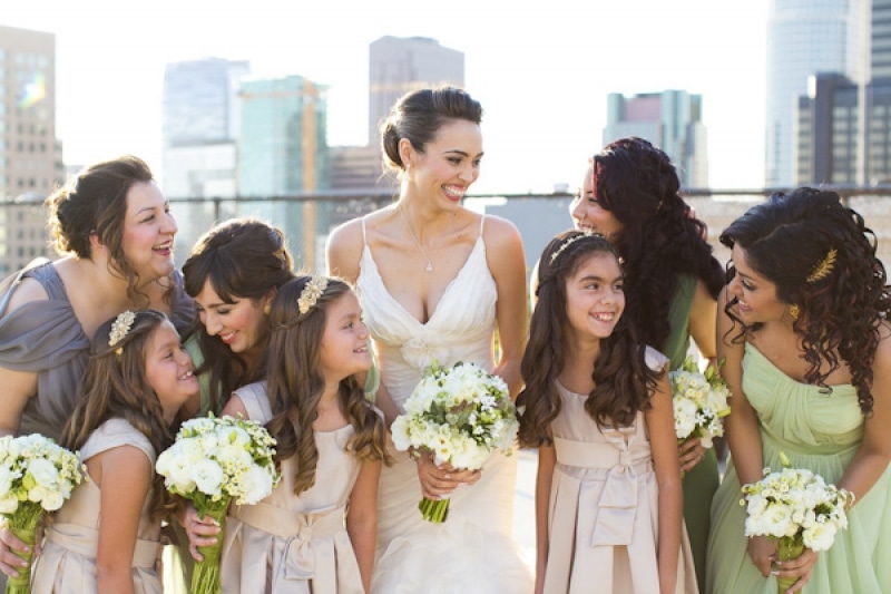 light pink flowergirl dresses at eco-friendly Jewish wedding at AT&T Center, Los Angeles, photo by Callaway Gable