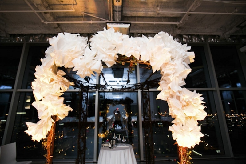 white paper flower altar at eco-friendly Jewish wedding at AT&T Center, Los Angeles, photo by Callaway Gable