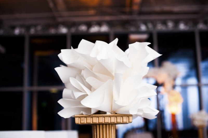 white paper flower decoration at eco-friendly Jewish wedding at AT&T Center, Los Angeles, photo by Callaway Gable