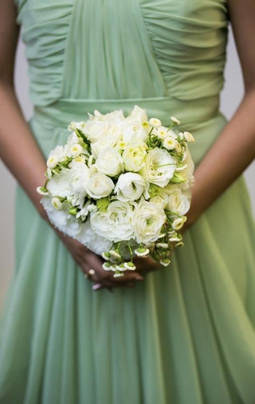 white bouquet and mint green bridesmaid dress at eco-friendly Jewish wedding at AT&T Center, Los Angeles, photo by Callaway Gable