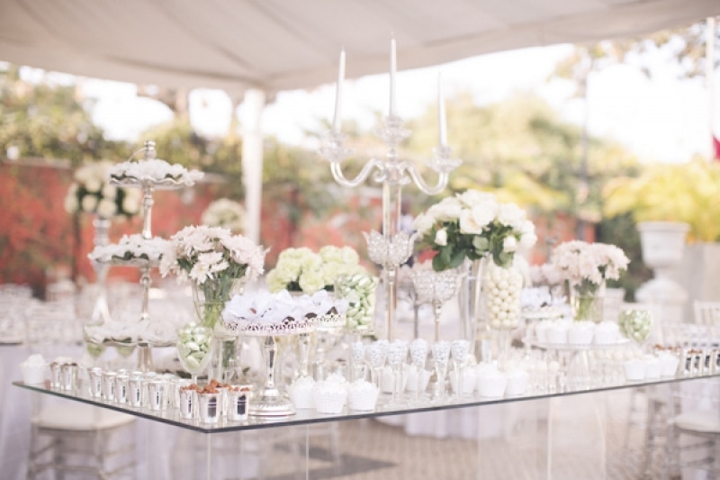 white candy dessert table, photo by Melissa Jill Photography