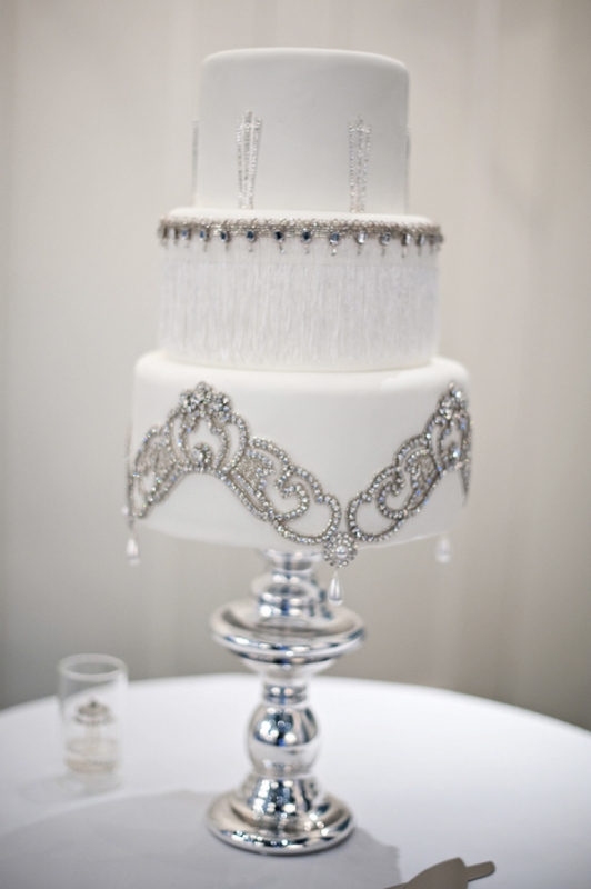 silver and white embellished art deco inspired wedding cake, photo by Kristen Weaver Photography