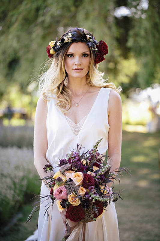 bride in sheath gown, floral headpiece with bouquet, photo by Jennifer Ballard Photography