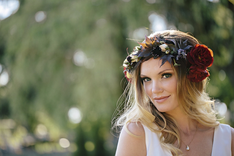 floral head piece with dark red roses, photo by Jennifer Ballard Photography