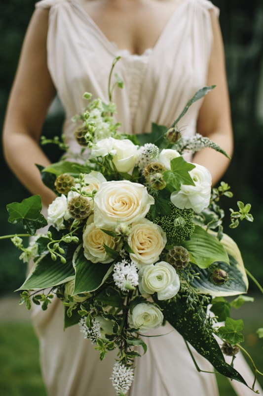 loose and organic white rose bridal bouquet, photo by Ely Brothers Studio