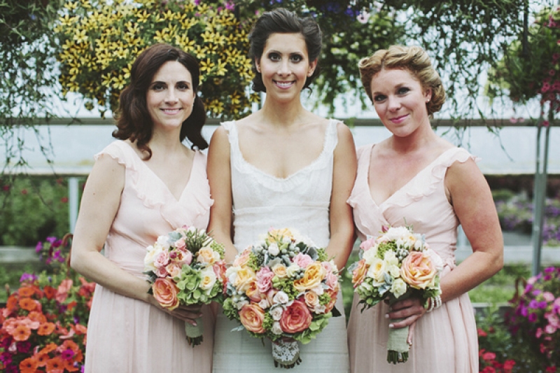 pink bridesmaid dresses and peach bouquets, photo by Rowan Jane Photography