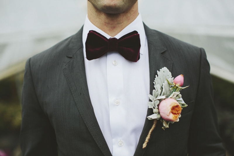 red velvet bowtie and pink rose boutonniere, photo by Rowan Jane Photography