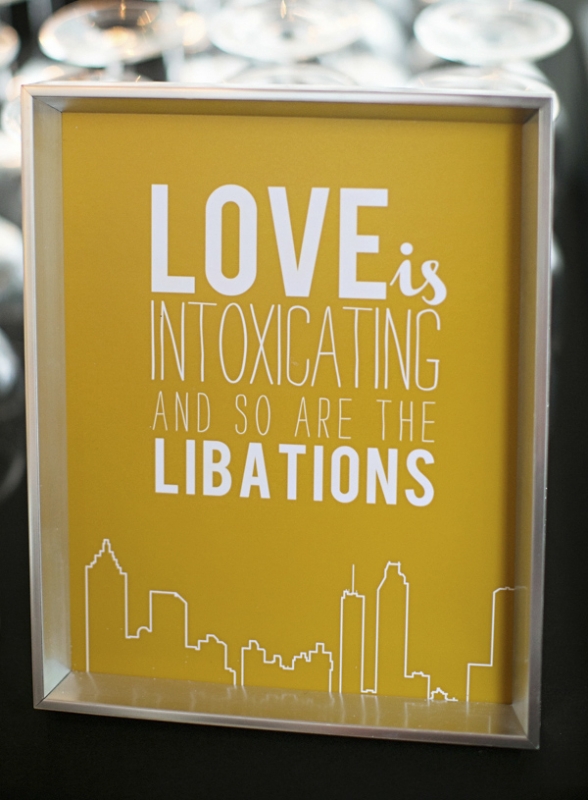 yellow cocktail signage for wedding reception, photo by Paperlily Photography