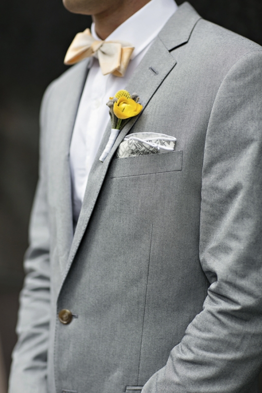 groom's gray tux with yellow boutonniere, photo by Paperlily Photography