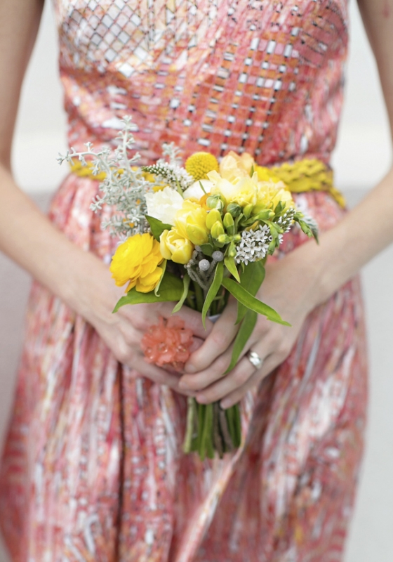 glittery peach bridesmaid dress with yellow bouquet, photo by Paperlily Photography