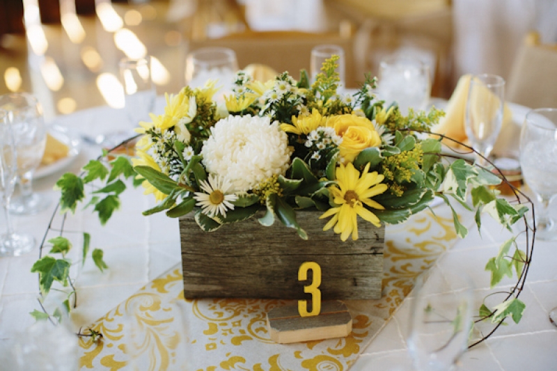 yellow and white floral centerpiece and table number, photo by Dan Stewart  Photography | Wedding Inspiration Board | Junebug Weddings