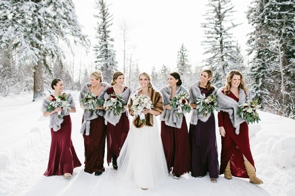 Burgundy Winter Bridesmaid Dress with Fur Stoles Inspiration | Wedding ...