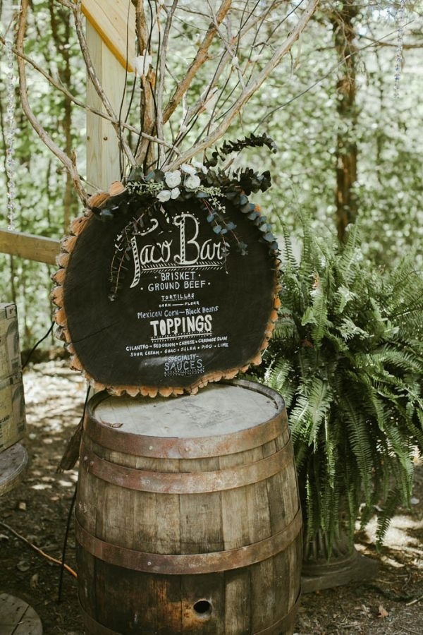 Hand Lettered Woodland Wedding Reception Menu Display on Barrel