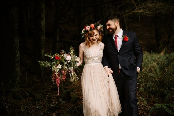 Colorful Oregon Elopement Couple Portrait Blush Wedding Dress