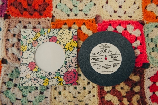 DIY Eclectic Floral Felt Retro Vinyl Record Wedding Invitations