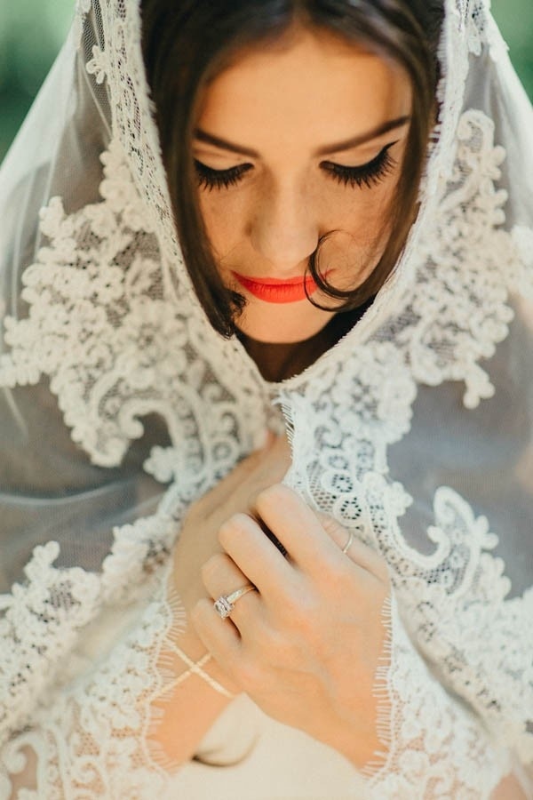 Elegant Glam Bridal Mantilla Veil and Coral Lipstick
