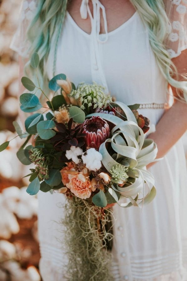 Alternative Bridal Bouquet with Air Plant, Protea, and Cascading Moss Greenery