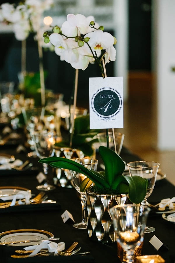 Black White and Gold Tablescape with Orchid Centerpieces