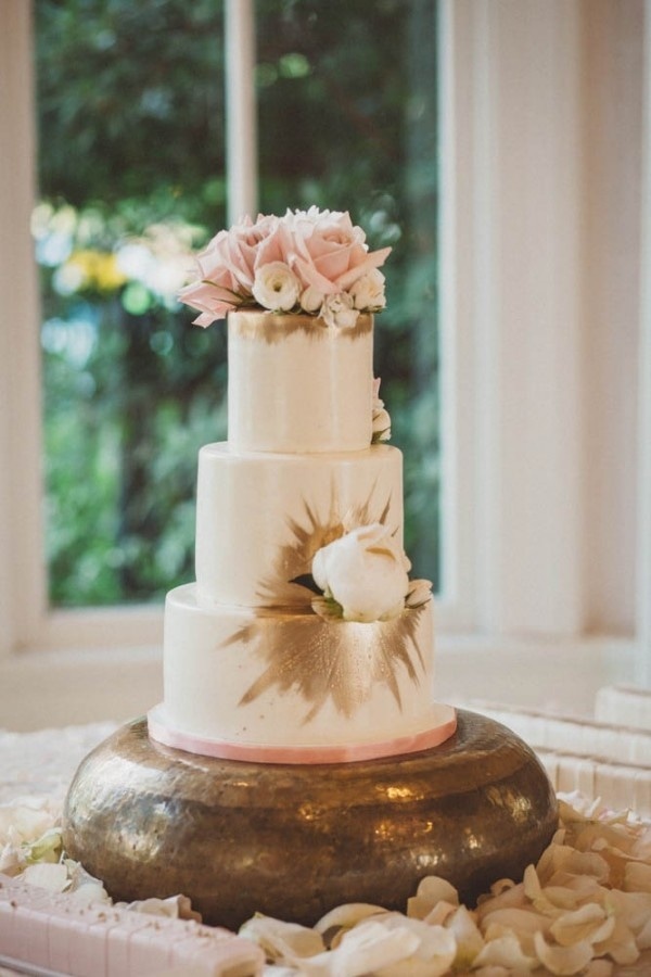 Three Tier White Wedding Cake with Blush Roses and Gold Paint