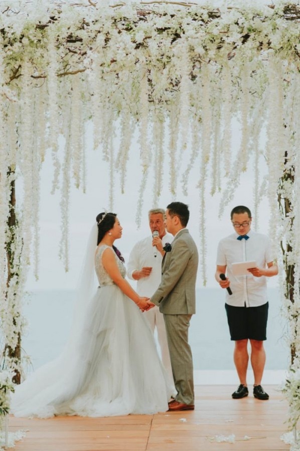 Glam Beach Waterfront Cascading Floral Wedding Ceremony Arbor
