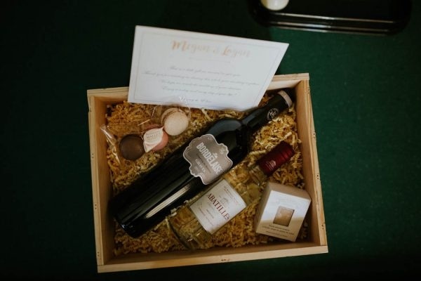 Gorgeous Bordeaux Winery Wedding at Chateau Franc Mayne Guest Favor Box of Wine