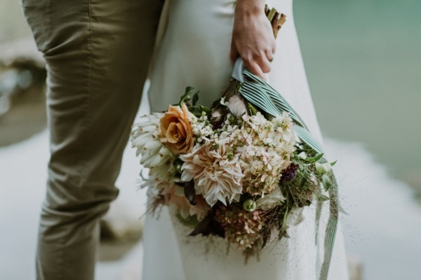 Bohemian Elopement Floral Bouquet with Dahlias and Roses