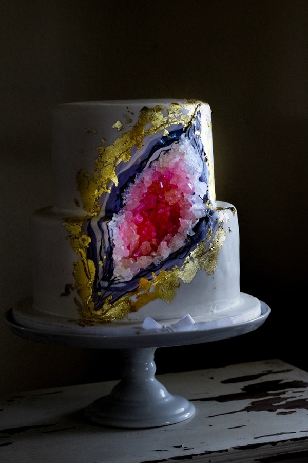 Hot Pink and Blue Geode Cake with Gold Flake Trim