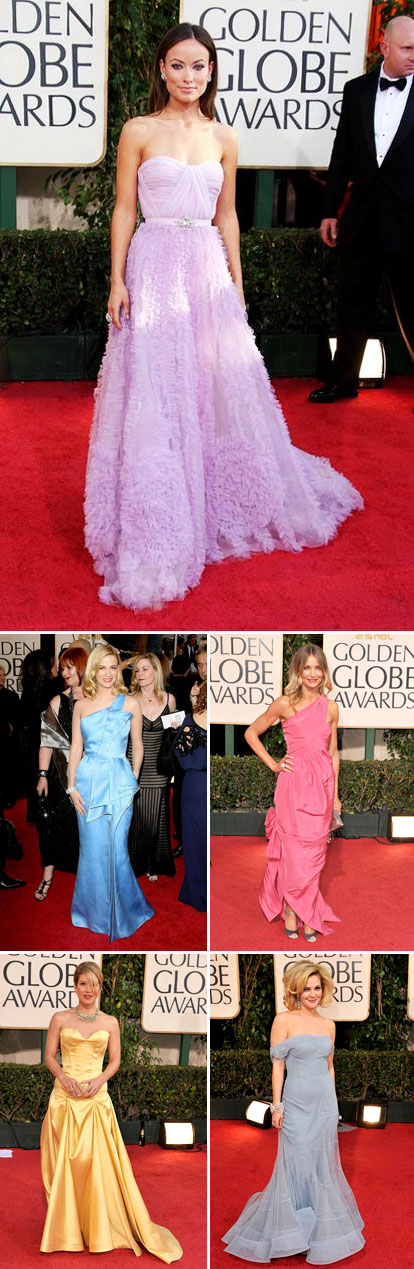 pastel wedding dress inspiration from the 2009 Golden Globe red carpet, via Yahoo's OMG blog, Olivia Wilde, January Jones, Cameron Diaz, Christina Applegate and Drew Barrymore