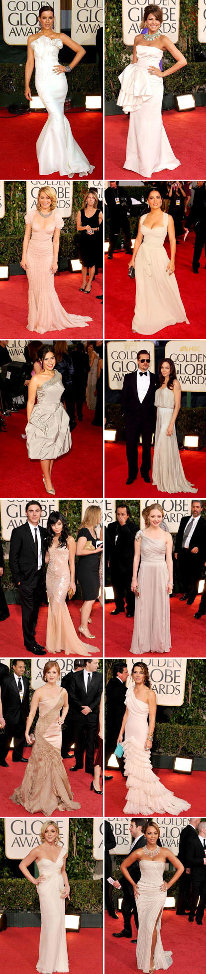 cream, neutral, flesh colored dresses from the 2009 Golden Globe red carpet, wedding dress inspiration via Yahoo's OMG blog, America Ferrera, Eva Mendez, Vanessa Hudgens, Kate Beckinsale and Beyonce