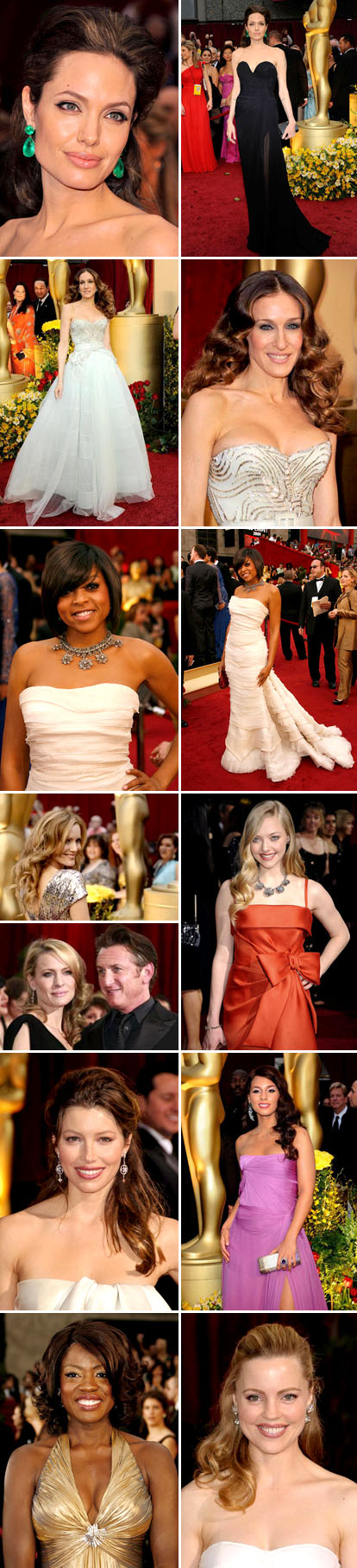 Hairstyles and fashion from the 2009 Academy Awards red carpet, bridal inspiration, Angelina Jolie, Jessica Biel, Sarah Jessica Parker, Robin Wright Penn, Amanda Seyfried, Alicia Keys, Taraji P. Henson, and Viola Davis