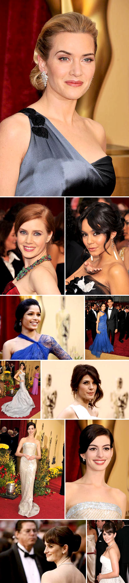 Hairstyles and fashion from the 2009 Academy Awards red carpet, bridal inspiration, Kate Winslet,Freida Pinto, Anne Hathaway, Penelope Cruz, Amy Adams, Vanessa Hudgens and Marisa Tomei