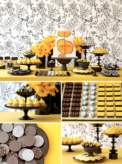 Wedding dessert tables and images by Amy Atlas Events, black, white and yellow graphic modern desserts