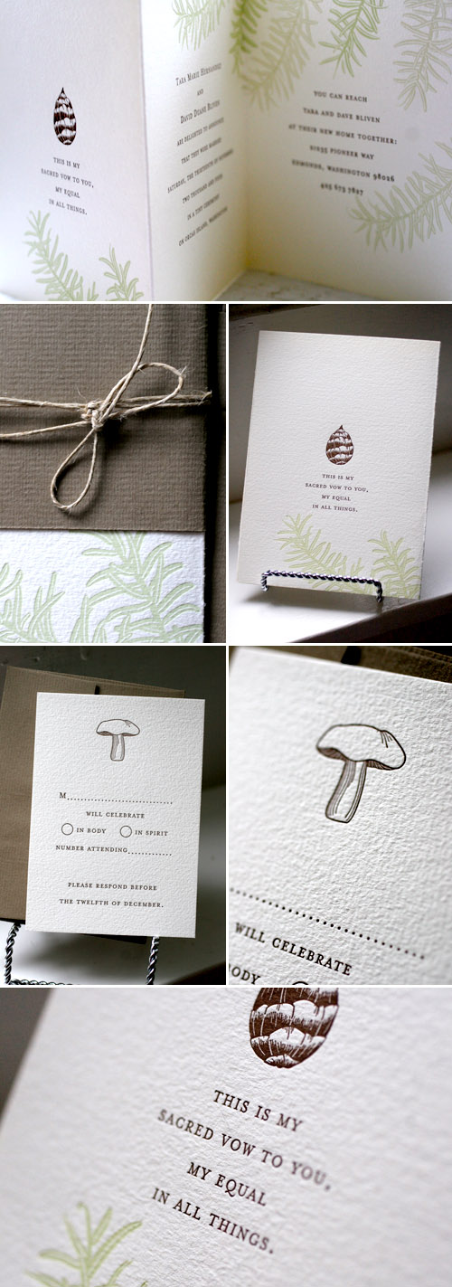 fir tree and mushroom wedding letterpress invitations designed by Tara Bliven of Ephemera Letterpress