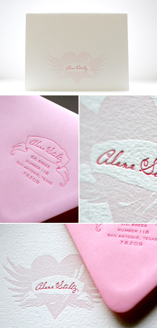 pink winged heart wedding letterpress invitations designed by Tara Bliven of Ephemera Letterpress