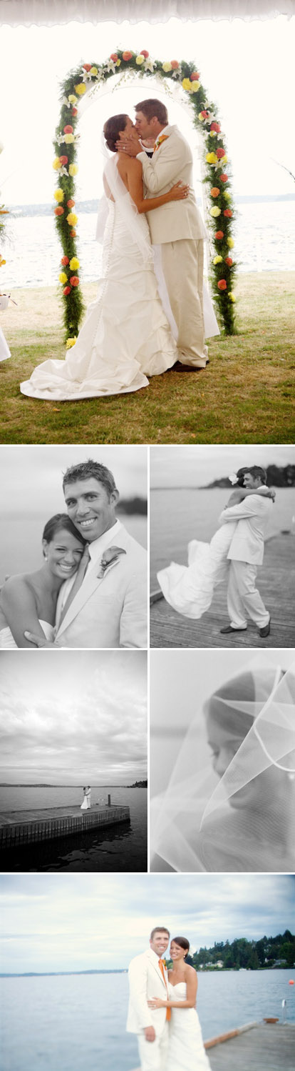 Summer outdoor wedding ceremony at the Seattle Tennis Club overlooking Lake Washington, navy blue, orange, yellow and white color palette, images by One Thousand Words Photography