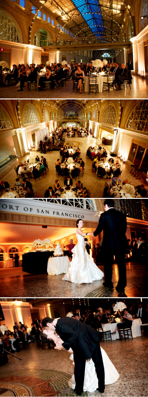 Classic, elegant black and white wedding reception decor at the San Francisco Ferry Buiding, photos by Ashley Garmon Photographers