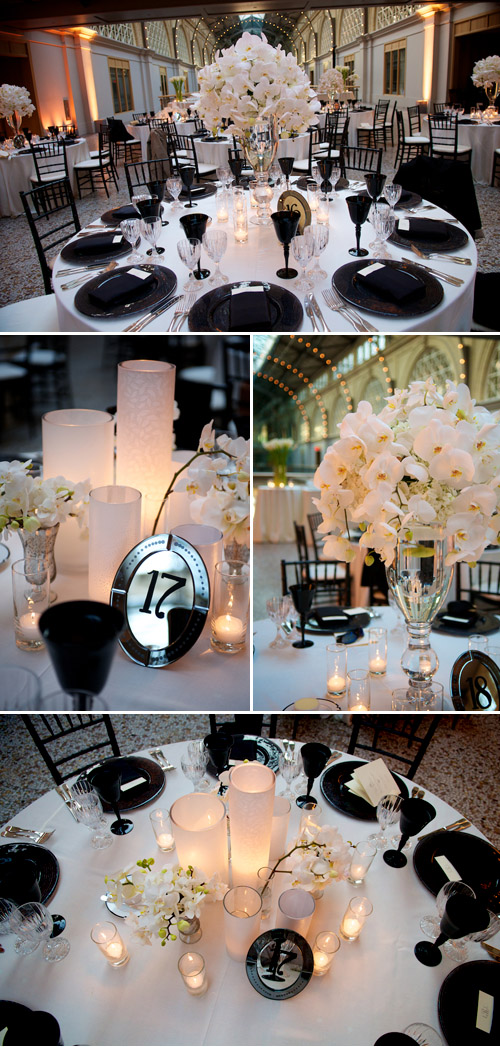 Classic, elegant black and white wedding reception decor at the San Francisco Ferry Buiding, photos by Ashley Garmon Photographers