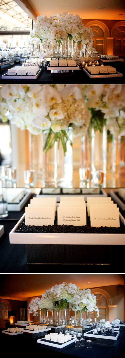 Classic, elegant black and white wedding reception decor at the San Francisco Ferry Buiding, photos by Ashley Garmon Photographers