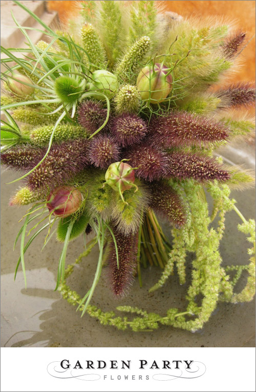 Bridal bouquet of grasses and pods by Garden Party Flowers | junebugweddings.com