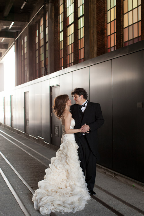 bright black, white, orange and yellow modern NYC loft wedding, photos by Image Singuliere via JunebugWeddings.com