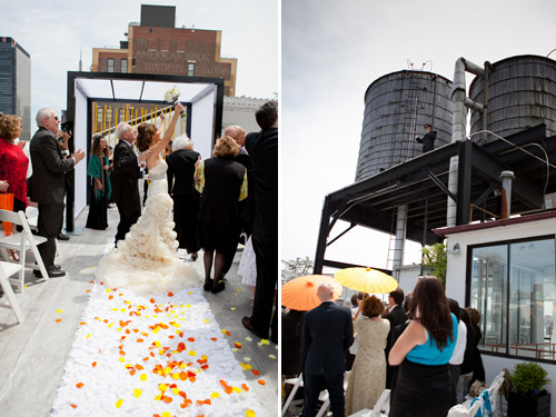 bright black, white, orange and yellow modern NYC loft wedding, photos by Image Singuliere via JunebugWeddings.com