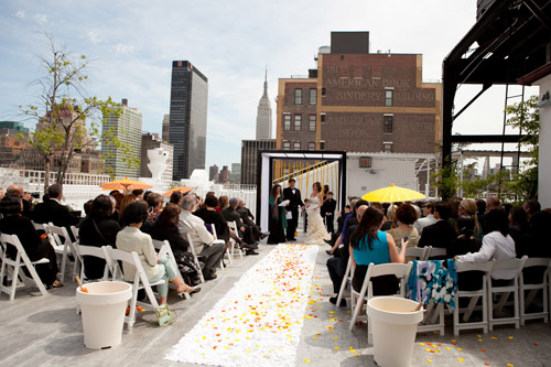 bright black, white, orange and yellow modern NYC loft wedding, photos by Image Singuliere via JunebugWeddings.com