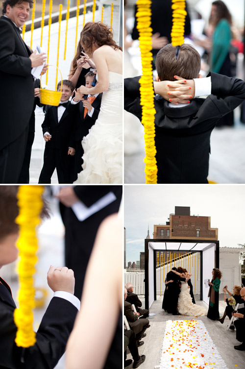 bright black, white, orange and yellow modern NYC loft wedding, photos by Image Singuliere via JunebugWeddings.com