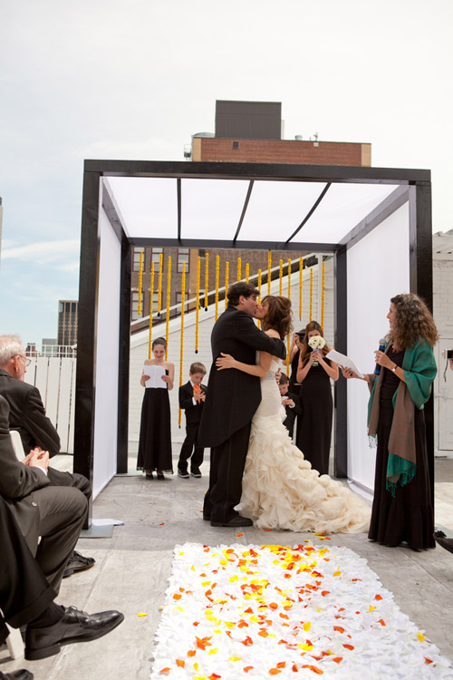 bright black, white, orange and yellow modern NYC loft wedding, photos by Image Singuliere via JunebugWeddings.com