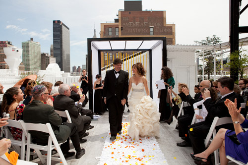 bright black, white, orange and yellow modern NYC loft wedding, photos by Image Singuliere via JunebugWeddings.com