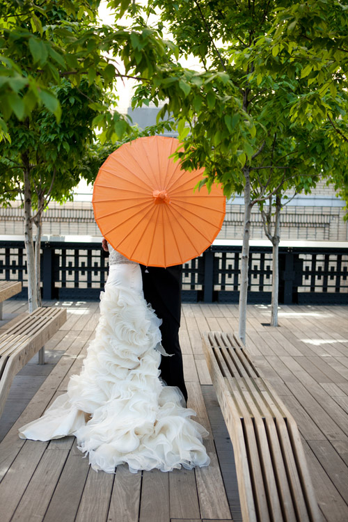 bright black, white, orange and yellow modern NYC loft wedding, photos by Image Singuliere via JunebugWeddings.com