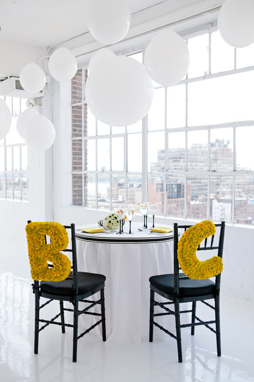 bright black, white, orange and yellow modern NYC loft wedding, photos by Image Singuliere via JunebugWeddings.com