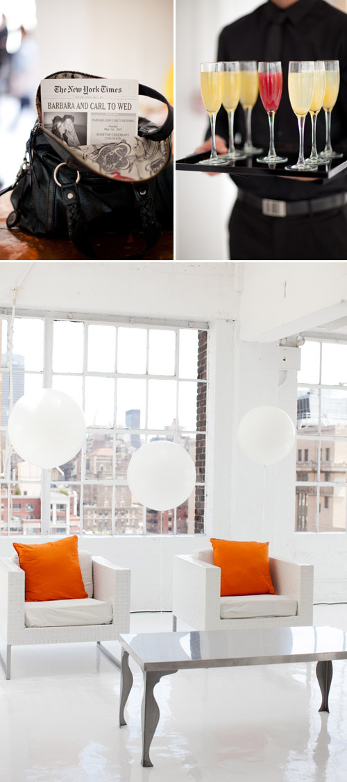 bright black, white, orange and yellow modern NYC loft wedding, photos by Image Singuliere via JunebugWeddings.com