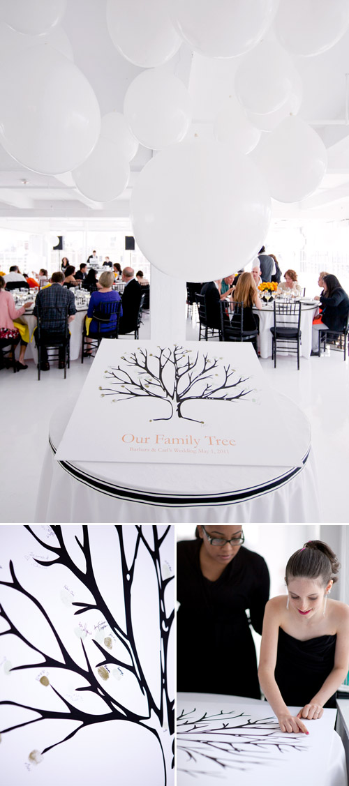 bright black, white, orange and yellow modern NYC loft wedding, photos by Image Singuliere via JunebugWeddings.com